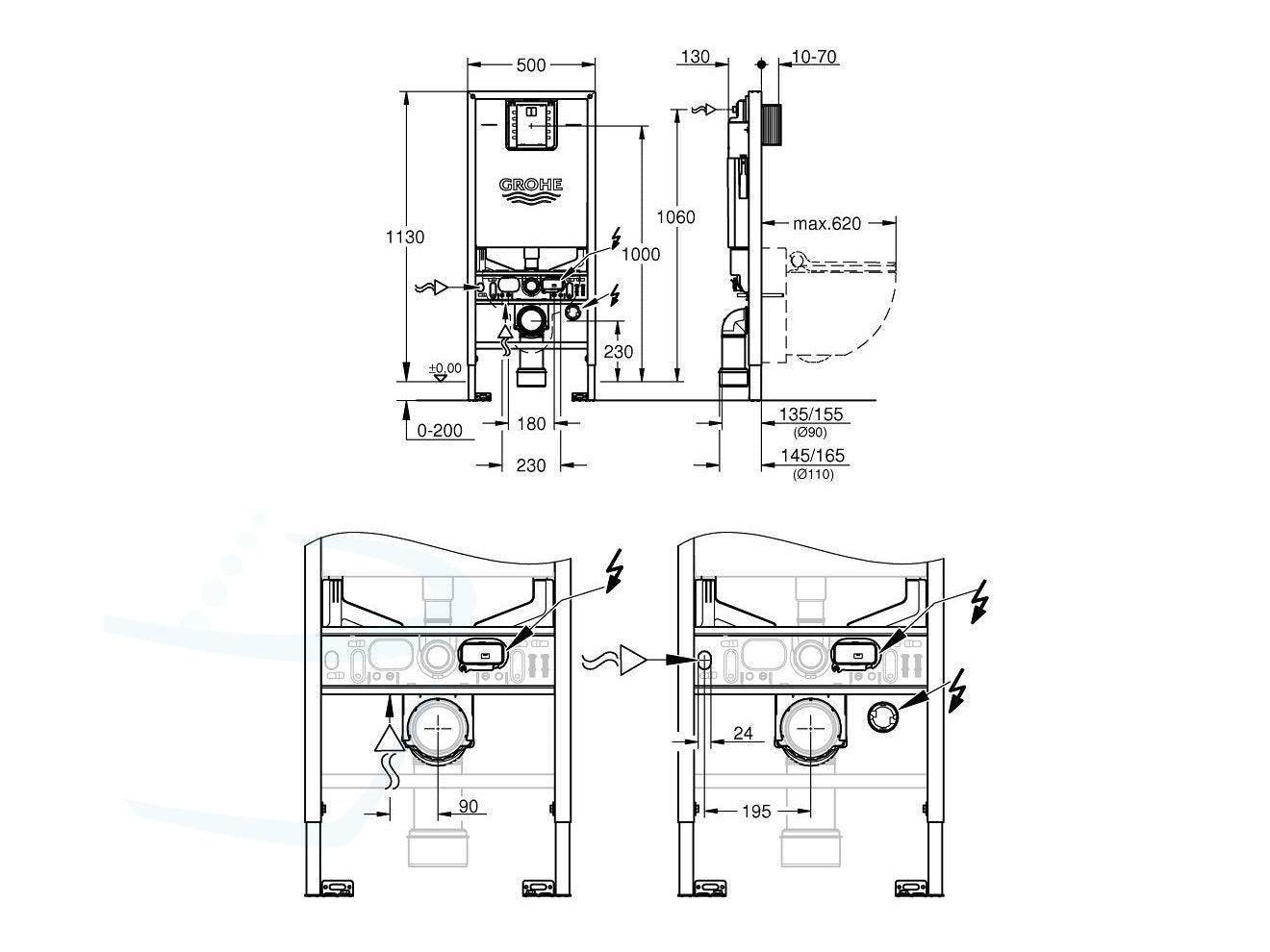 Grohe Rapid SLX Inbouw Reservoir voor DoucheWC technische tekening