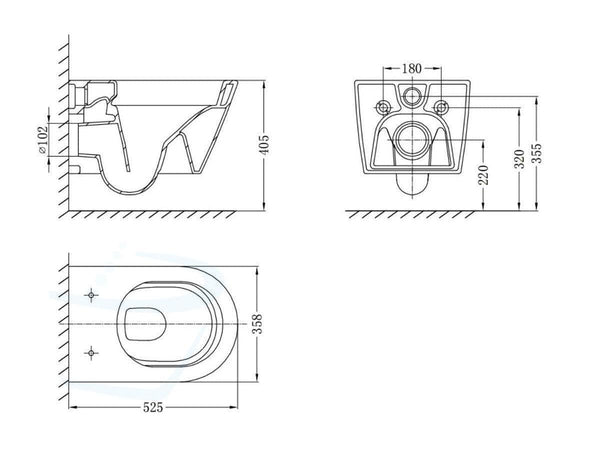 Randloos toilet. Design Rimfree Wandcloset voor Bidet afmetingen