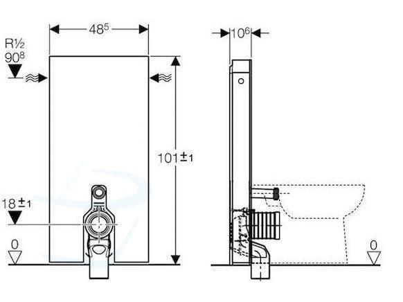 Geberit Monolith module voor staand closet glas zwart-aluminium technische tekening