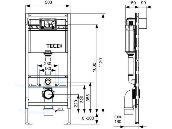 TECE inbouwreservoir technische tekening