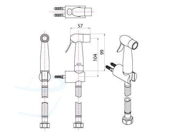 wc-handdouche rvs met toiletrolhouder technische tekening