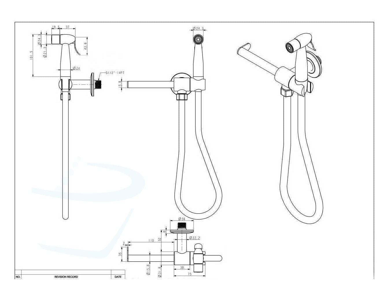 wc-handdouche rvs met toiletrolhouder technische tekening