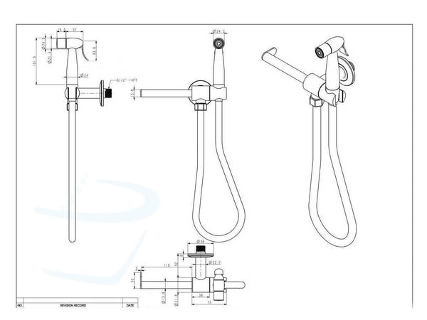 wc-handdouche rvs met toiletrolhouder technische tekening